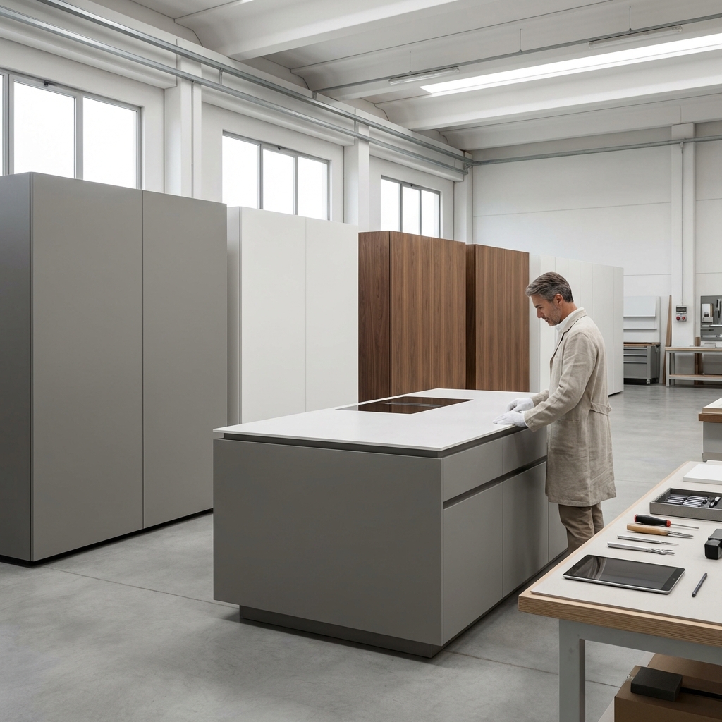 Fábrica premium minimalista italiana con estación de control de calidad