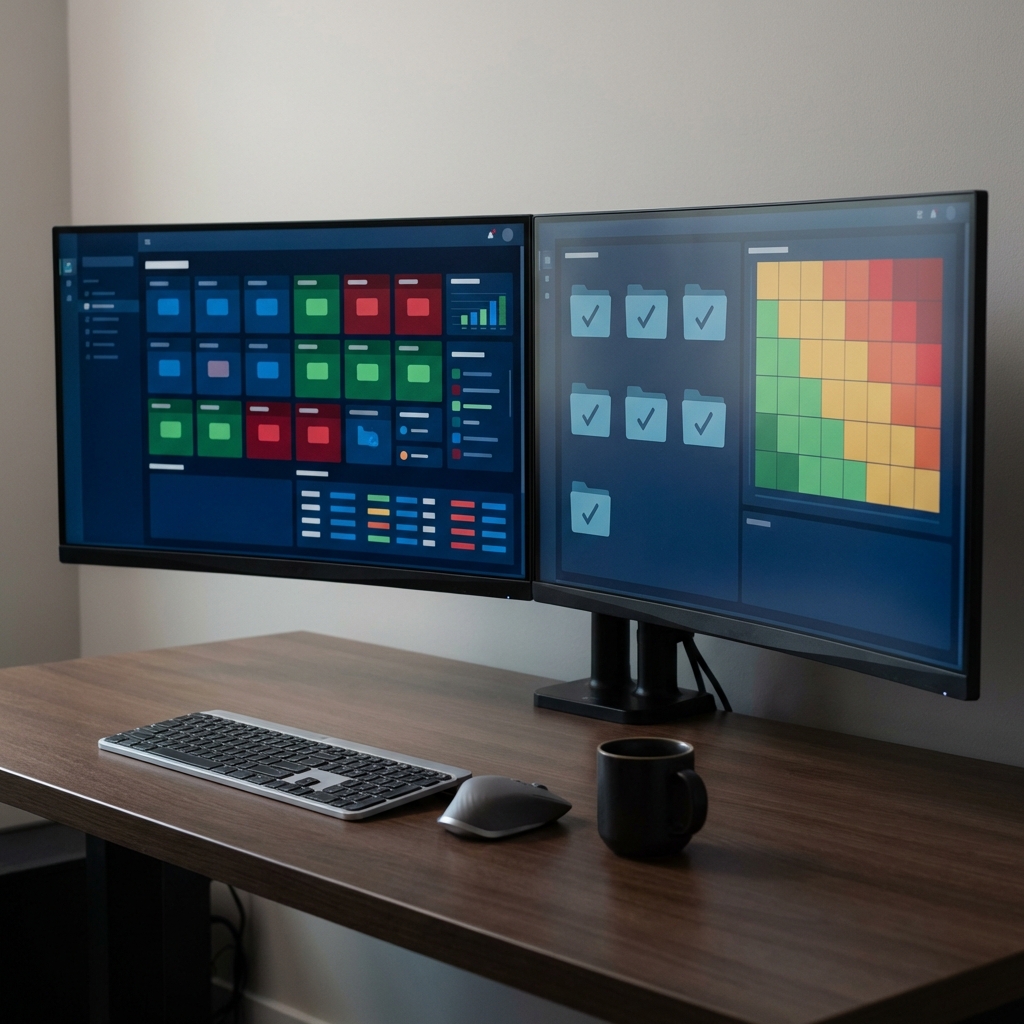 Digital data room with KPI panels and an abstract due diligence checklist on screen.