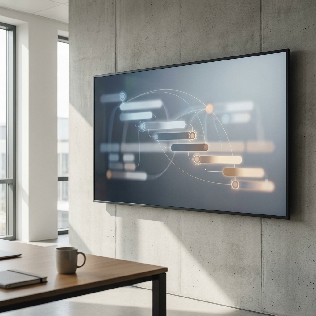 Digital integration roadmap with an abstract Gantt, dependencies, and milestones.