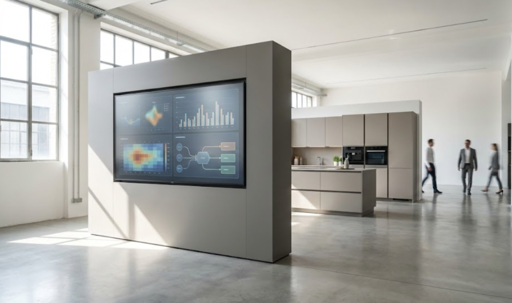 Hyperrealistic editorial scene: clean minimalist workshop/factory with a kitchen showroom in the background; large screen with abstract digital dashboard of load and capacity; bright atmosphere, no legible text.