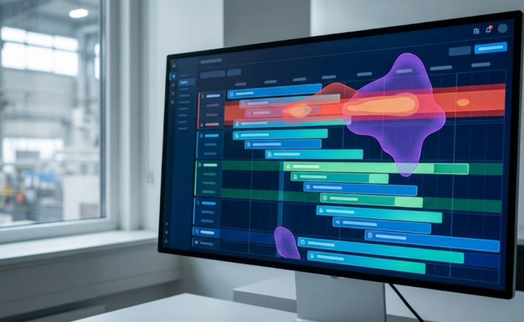 Abstract digital dashboard showing turnover cost as layers of impact (timeframe, quality, margin), no legible text.