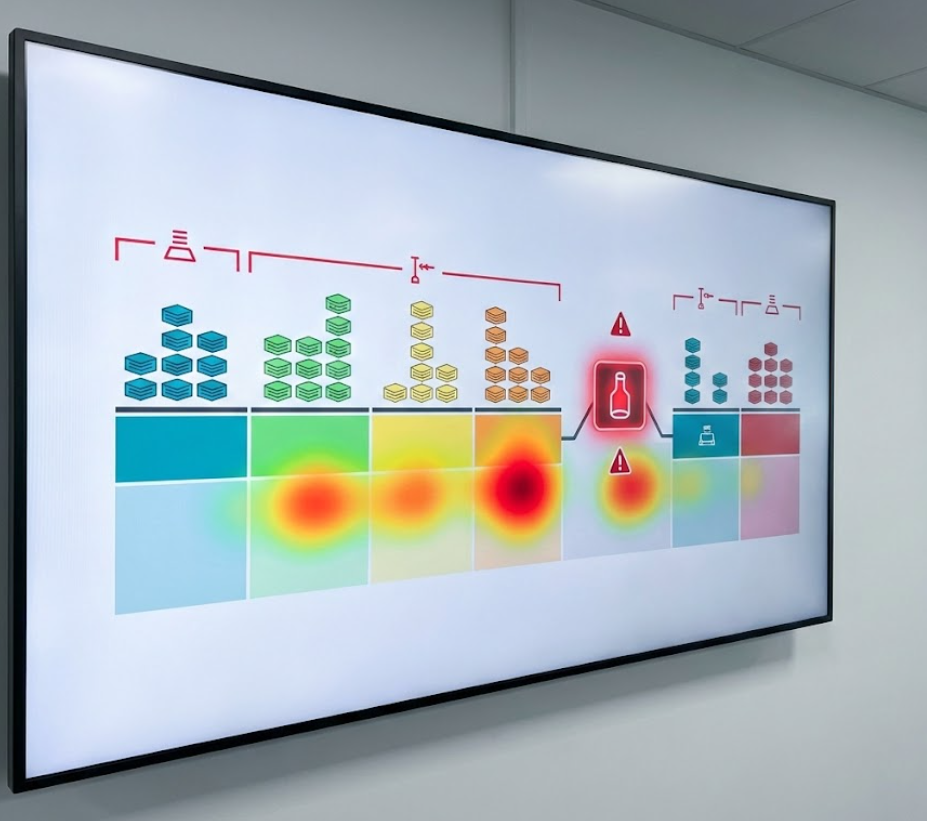 Digital dashboard with WIP buffers, hot zones, and a marked bottleneck with abstract visualization.