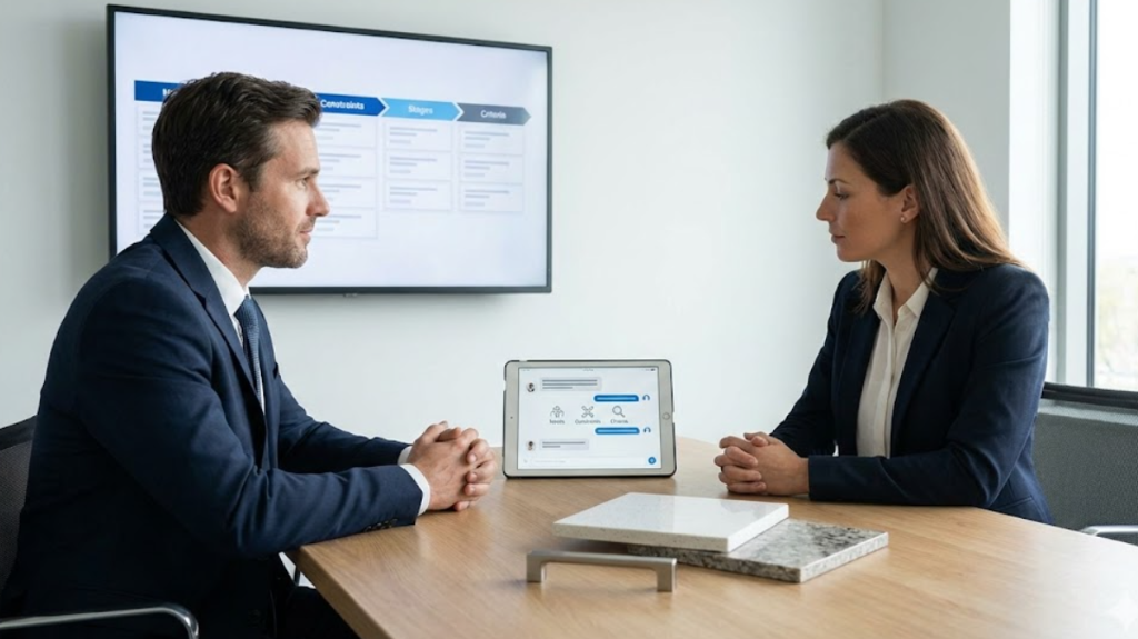 Cover: consultant reviewing a modern CRM in a premium, tidy showroom