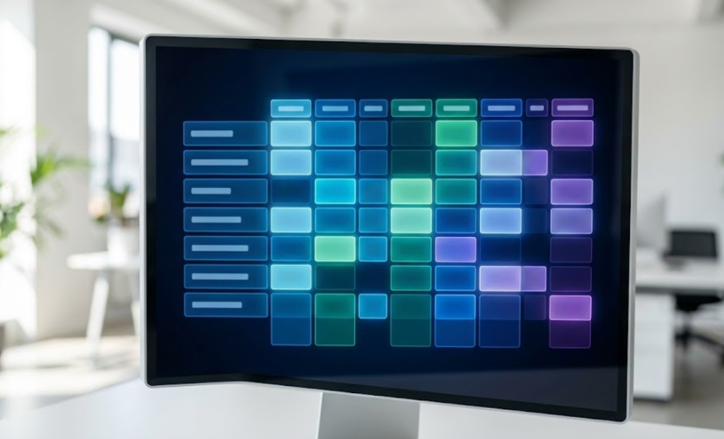 Large screen with an abstract skills coverage matrix by role, no readable text.