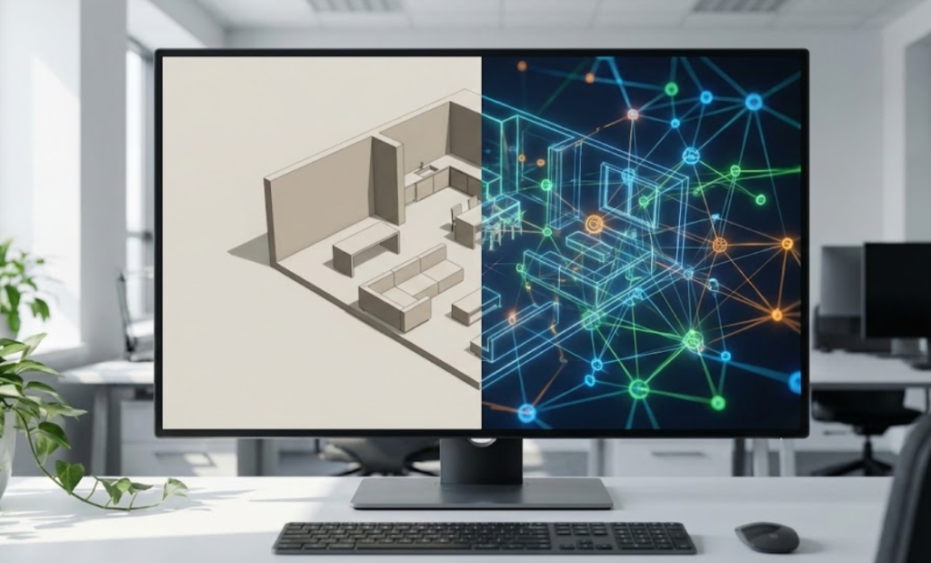 Executive desk with a split view screen showing 3D layout and digital twin layer.