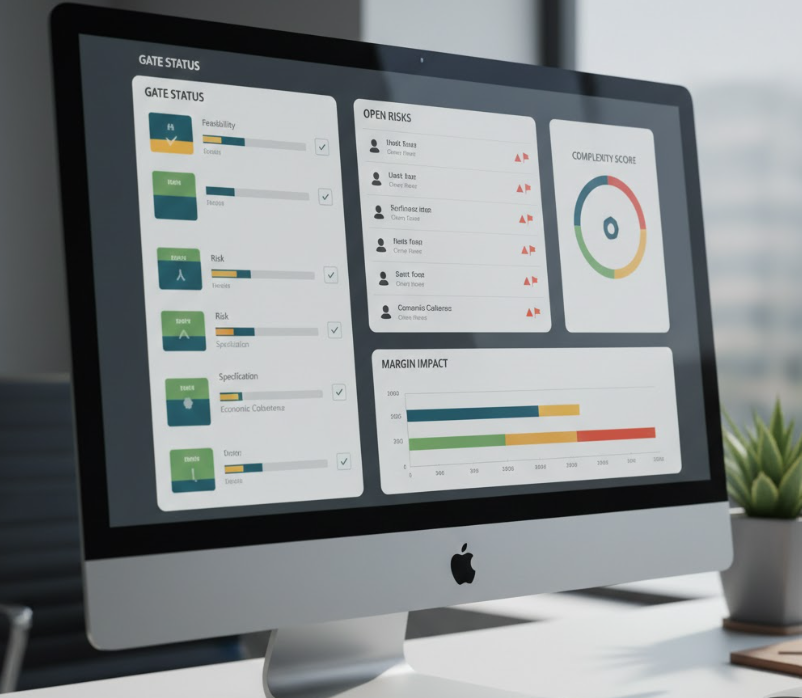 Short handoff meeting pre-sale → technical office with a digital checklist and clear agreements