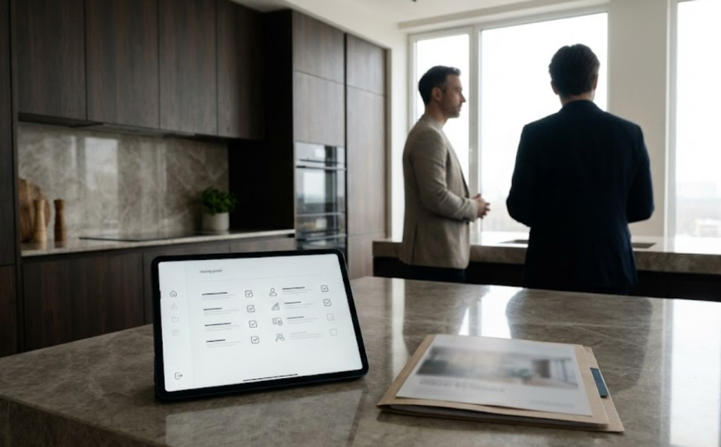 Cover: final walk-through in a premium kitchen with a closeout panel, no readable text