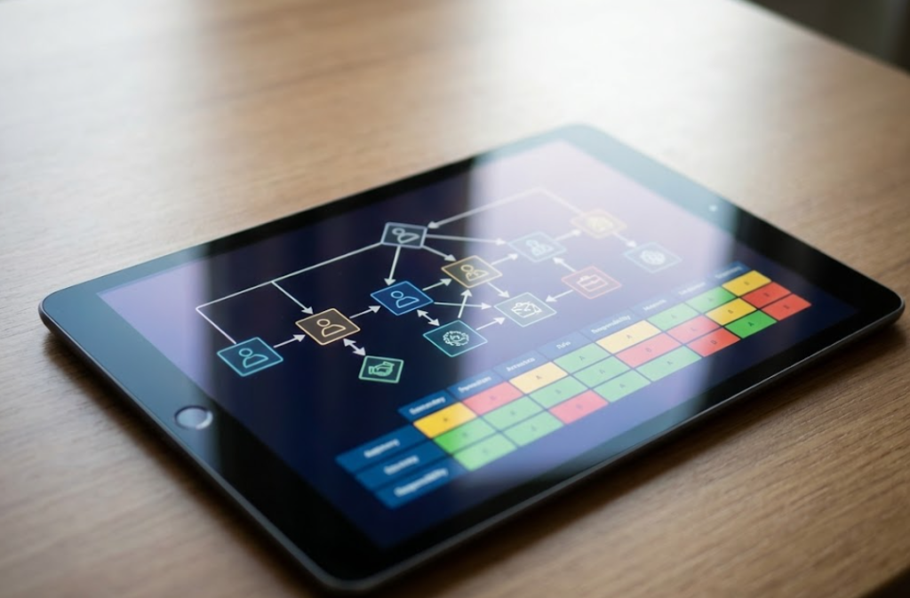 Digital decision-rights map with abstract flows on a tablet.