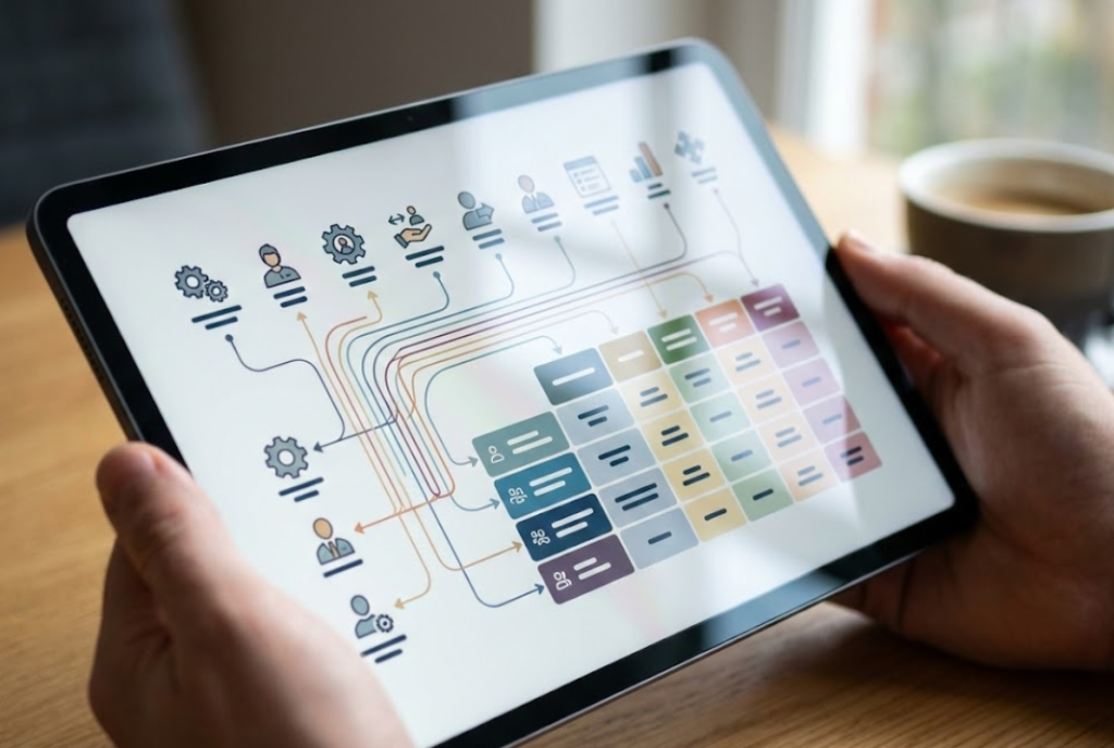 Digital governance dashboard with abstract operating-health indicators.